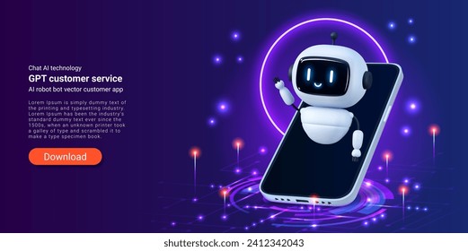 Chat AI technology. GPT customer service landing. Cartoon cyber character. Download website. Conversation robot. Phone app. Business support. Artificial intelligence chatbot. Vector web banner design