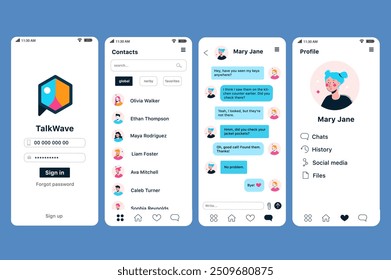 Bate-papo conceito de aplicativo em design plano. Esta imagem mostra o aplicativo móvel TalkWave com design de interface do usuário, incluindo página de logon, lista de contatos, interface de chat e perfil do usuário. Ilustração de vetor.