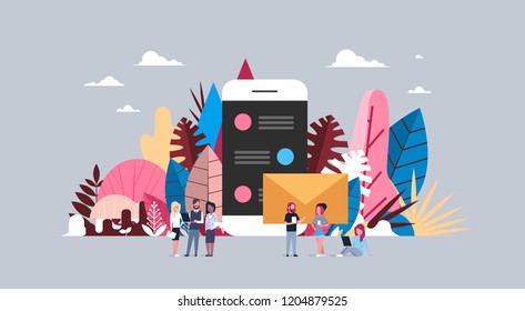 chat app concept over smartphone application message background mix race people group stay together hand hold diversity gadgets , flat vector illustration