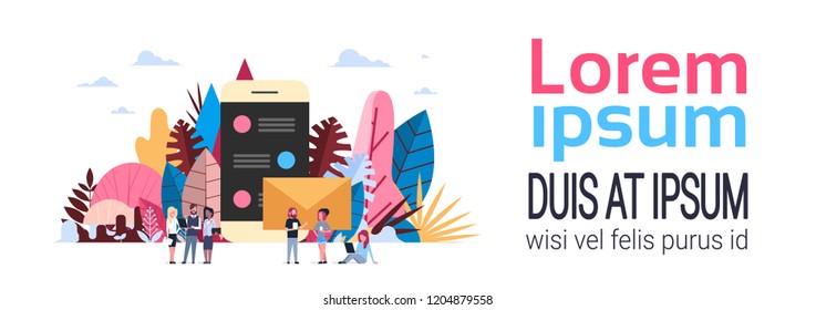 chat app concept over smartphone application message background mix race people group stay together hand hold diversity gadgets , flat copy space banner vector illustration