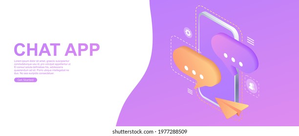 Chat app. Digital communication. Instant messenger vector illustration concept, mobile smartphone for chatting in social media. Landing page, template, web,  banner, homepage. Isometric