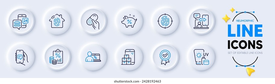 Chat app, Food app and Fingerprint access line icons for web app. Pack of Fingerprint, Capsule pill, Online education pictogram icons. Loan percent, Tax document, Mobile inventory signs. Vector