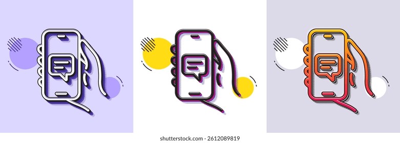 Chat app line icon. Halftone dotted pattern. Gradient icon with grain shadow. Hand hold phone sign. Cellphone with screen notification symbol. Line chat app icon. Various designs. Vector