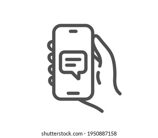 Chat app line icon. Hand hold phone sign. Cellphone with screen notification symbol. Quality design element. Linear style chat app icon. Editable stroke. Vector