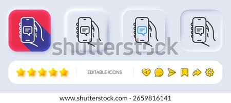 Chat app line icon. Neumorphic, Flat shadow, 3d buttons. Hand hold phone sign. Cellphone with screen notification symbol. Line chat app icon. Social media icons. Vector