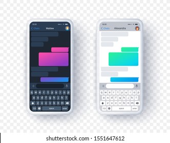 Chat app screen in light and dark mode, gradient text box with keyboard in flat style. Vector mobile phone mock up with messenger screens isolated on transparent background.