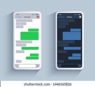 Chat app social network template in dark and light theme on white phone.. Short text speech bubble concept, vector ui kit messanger in realistic 3d style.