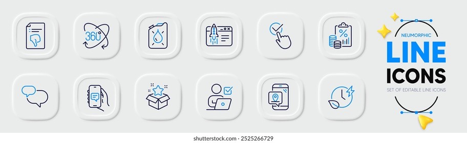 App de chat, iniciar negocios y línea de votación en línea iconos para App de Web. Paquete de pulgar hacia abajo, tiempo de carga, iconos de pictogramas de marcador de pin. Documento fiscal, Rotación completa, Carteles de cartucho. Vector