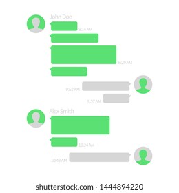 Chat app template. Short message service vector illustration with text bubbles. Message speech bubble for communication, green style sms mobile