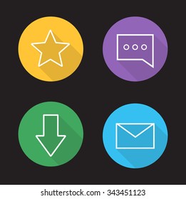 Chat app ui linear icons set. Add to favorite, rating star button, chat bubble, download arrow, send massage, email letter. Long shadow outline symbols. Vector line art illustrations on color circles