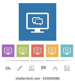 Chat application flat white icons in square backgrounds. 6 bonus icons included.