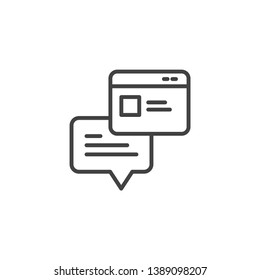 Chat application on social page. Linear design symbol with thin line and monochrome outline minimal style. Editable stroke.