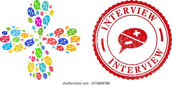 Chat arguments colorful swirl flower shape, and red round INTERVIEW dirty stamp seal. Chat arguments symbol inside round stamp imitation.