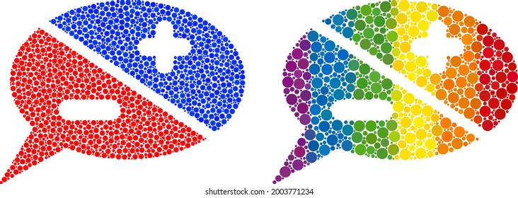 Chat arguments composition icon of spheric dots in variable sizes and spectrum color hues. A dotted LGBT-colored chat arguments for lesbians, gays, bisexuals, and transgenders.