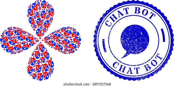 Chat arguments exploding bang, and blue round CHAT BOT grunge rubber print with icon inside. Element flower with 4 petals composed from oriented chat arguments items.