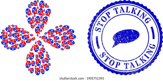 Chat arguments exploding bang, and blue round STOP TALKING rubber stamp imitation with icon inside. Element flower with 4 petals created from oriented chat arguments symbols.