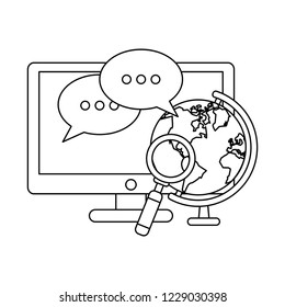 Chat around world with computer in black and white