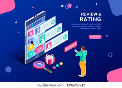 Chat, best community customer review, communication, satisfaction of buying products. Connection, scale for rating concept with icons. Flat isometric vector illustration. Chat, best community customer review, communication, satisfaction of buying products. Connection, scale for rating concept with icons. Flat isometric vector illustration.
