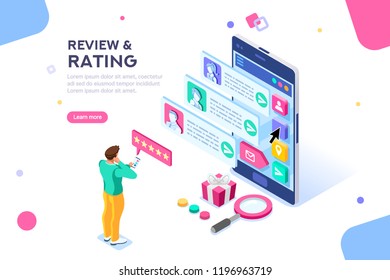 Chat, best community customer review, communication, satisfaction of buying products. Connection, scale for rating concept with icons. Flat isometric vector illustration.