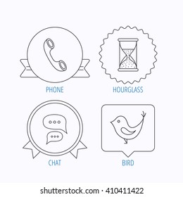 Chat, bird and phone call icons. Hourglass linear sign. Award medal, star label and speech bubble designs. Vector