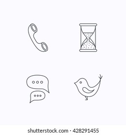 Chat, bird and phone call icons. Hourglass linear sign. Flat linear icons on white background. Vector