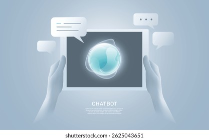 Logotipo abstracto del bot del chat en la pantalla de la tableta con las burbujas del discurso. Mano de cerca con el teléfono.  Chat digital, asistente personal y reconocimiento de voz