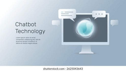 Chat bot abstract symbol on computer screen with speech bubbles. Close-up hand with phone.  Digital chatting, Personal assistant and voice recognition