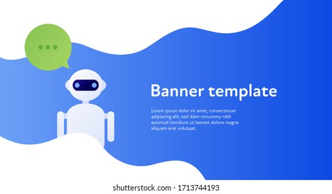 Concepto de asistencia técnica para bots y servicio al cliente. Ilustración de persona plana vectorial. Robot con forma de burbuja de habla. Diseñar plantilla de banner web con espacio de copia.