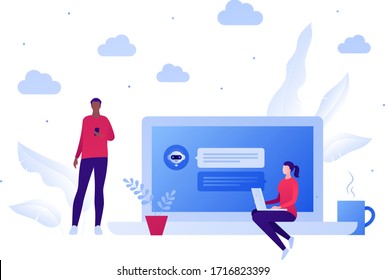 Chat bot ai and customer service support concept. Vector flat person illustration. African american male hold smartphone and female sit with laptop, Chatbot on screen Design element for banner, poster