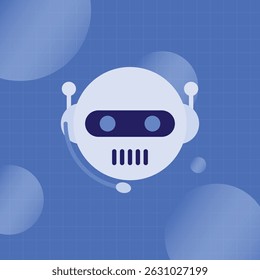Chat bot ai and customer service support concept. Smiling robot in headphone on blue background.