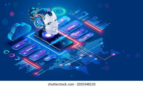 Chat bot with AI helping of users speakers of different languages. Online multilanguage support. App of Voice assistant on Phone. Robot on screen smartphone talk in messenger. Intelligence of chatbot