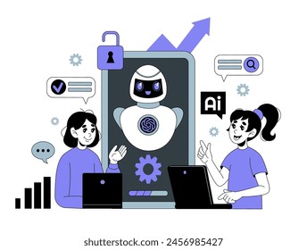 Chat bot. AI robot assistant. Virtual call software. GPT technology. Artificial intelligence digital chatbot. Woman working with android mobile service. Automated infographic UX. Vector tidy concept