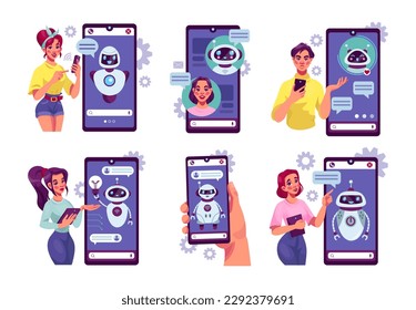 Bot de chat. Robot de IA. Personas con smartphones. Soporte de tecnología de Chatbot para clientes. Asistente de texto digital. Aplicación de asistencia móvil. Carácter androide del teléfono. Conjunto de conceptos de equipo de vectores