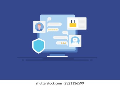 Chat with chat bot. AI website chat bot providing online customer support. Encrypted chat conversion - vector illustration background with icons