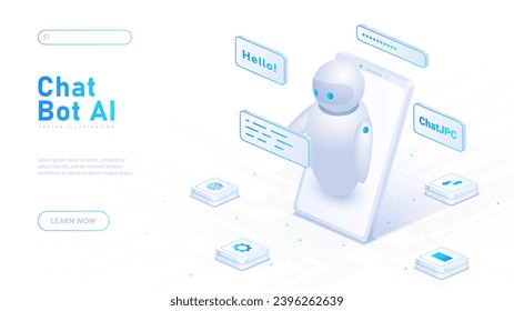 Chat bot AI white poster. Artificial Intelligence and Machine Learning. Messenger in smartphone. Landing page design. Cartoon isometric vector illustration isolated on white background