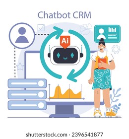 Bot de chat. Servicio al cliente con tecnología de IA. Consulta en línea con red neuronal artificial. Asistente virtual de inteligencia artificial. Ilustración vectorial plana