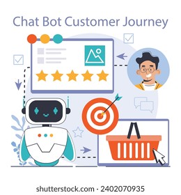 Bot de chat. Servicio al cliente con tecnología de IA. Consulta en línea con red neuronal artificial. Asistente virtual de inteligencia artificial. Ilustración vectorial plana
