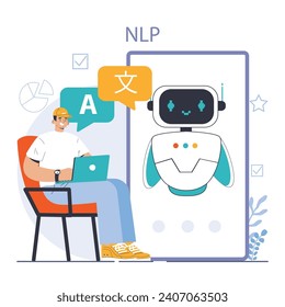 Chat bot. AI-powered customer service. Online consultation with artificial neural network. Artificial intelligence virtual assistant. Flat vector illustration