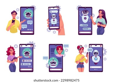 Chat bot answers. Customers chatbot. FAQ for digital marketing. Query text service. Mobile assistance app. Android character. People with cellphones. Vector tidy illustration concepts set