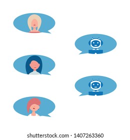 Chat bot answers the questions of girls. artificial intelligence for the application. flat vector illustration.