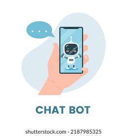 Chat-Bot-App für Kunden unterstützt Banner oder Embleme, Cartoon-Flavectorgrafik einzeln auf weißem Hintergrund. Robot-Message-Chat und AI-Unterstützung.