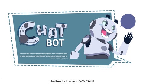 Chat Bot App Cute Robot Chatter Or Chatterbot Technical Support Service ConceptTemplate Banner With Copy Space Flat Vector Illustration