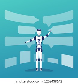 Chat bot artificial intelligence. Automated response from chatbot. Vector illustration flat design. Clouds with messages. Isolated on background.