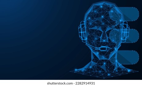 Chat bot, artificial intelligence conducts a dialogue. Polygonal design of interconnected lines and points. Blue background.