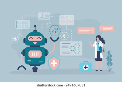 Chat bot with artificial intelligence helps female doctor perform medical tests or research. Robot support scientist in medical research and treatment. Nanobots technology. flat vector illustration