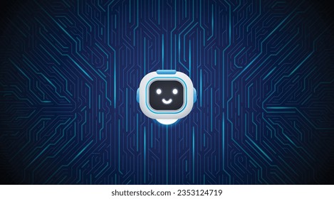 Chat bot with artificial intelligence on a circuit board, a digital chip with a robot head.