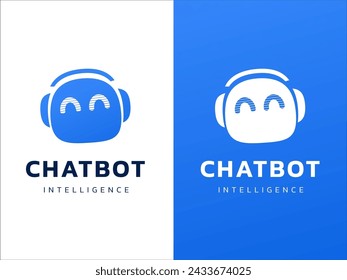 Tecnología de inteligencia artificial con el concepto de diseño de vector de logotipo de cara sonriente feliz de Robot. Símbolo de logotipo de asistencia virtual de robot para tecnología de IA, soporte en línea, automatización.