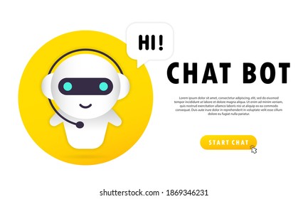 Chat bot banner. Hi message. Online assistant bot landing page template. Dialog. Technical support. For web page. Vector on isolated white background. EPS 10