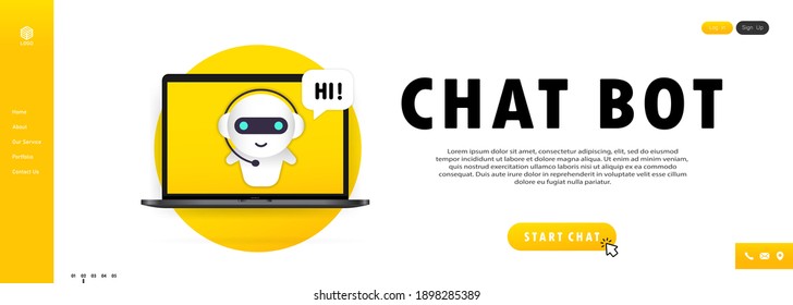 Cartel del bot de chat. Hola. Plantilla de página de inicio del bot asistente en línea. Diálogo. Apoyo técnico. Para la página web. Vector de fondo blanco aislado. EPS 10