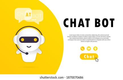 Chat bot banner. Online assistant bot landing page template. Dialog, message. Technical support. For web page. Vector on isolated white background. EPS 10